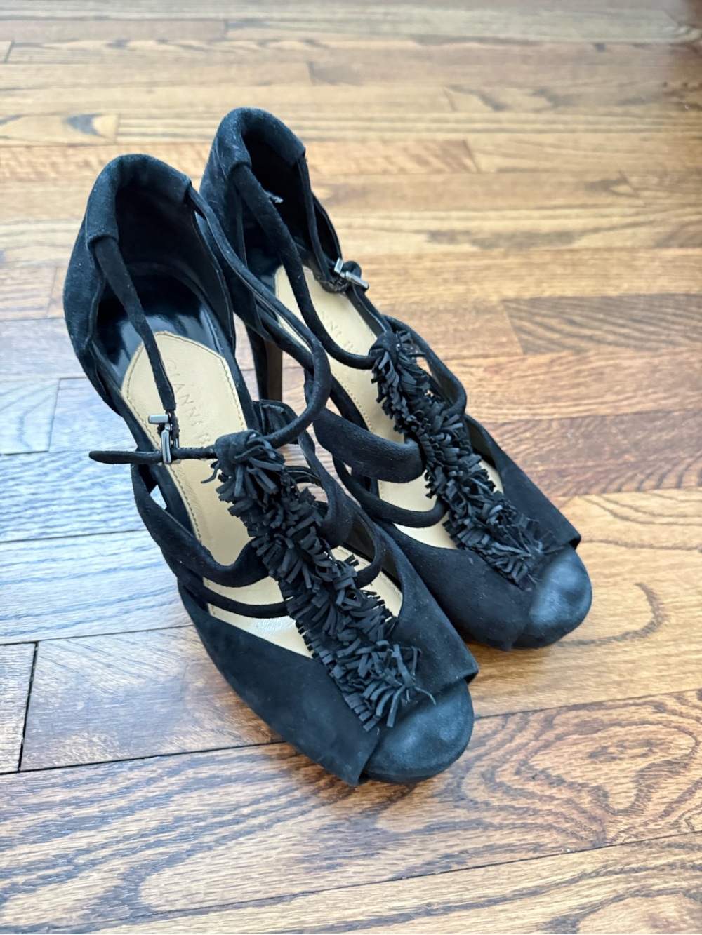 Gianni Bini Black Suede Strappy Tassel Heels